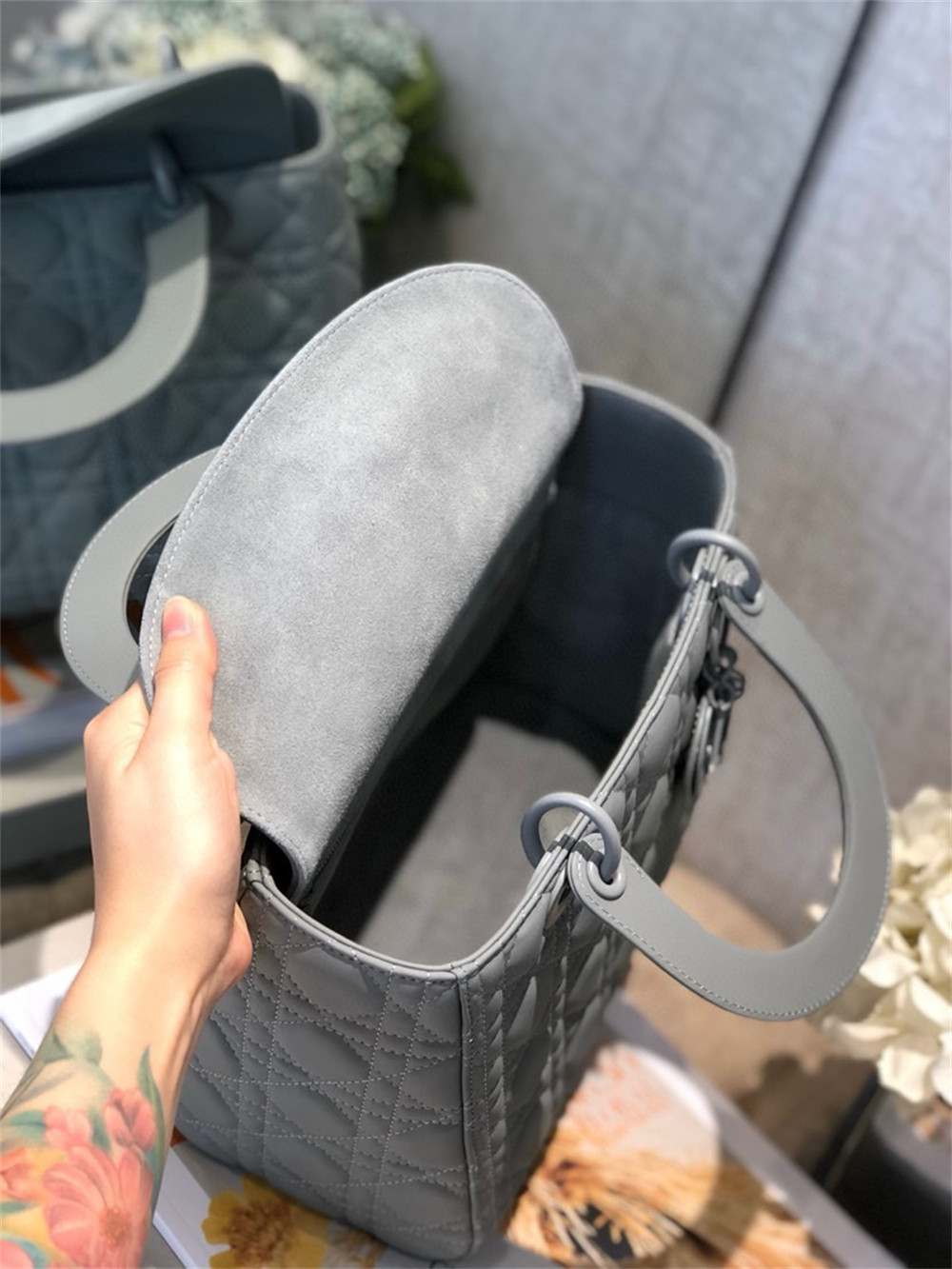 medium lady D*or bag 9.5 x 8 x 4.5 inches