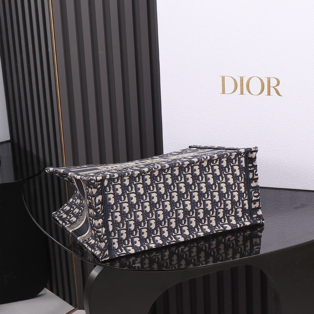 medium D*or book tote ecru and blue D*or oblique embroidery 14 x 11 x 6.5 inches