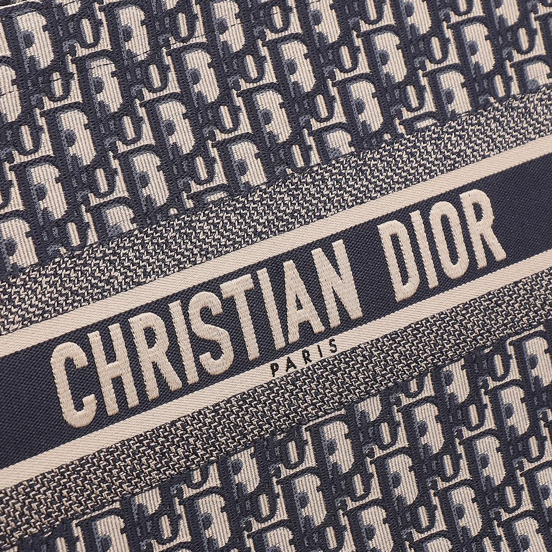 medium D*or book tote ecru and blue D*or oblique embroidery 14 x 11 x 6.5 inches