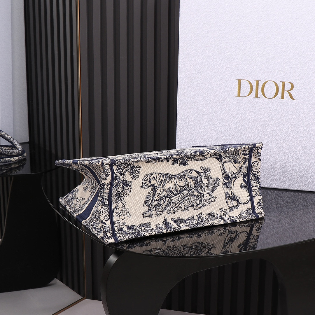 medium D*or book tote ecru and blue toile de jouy embroidery 14 x 11 x 6.5 inches