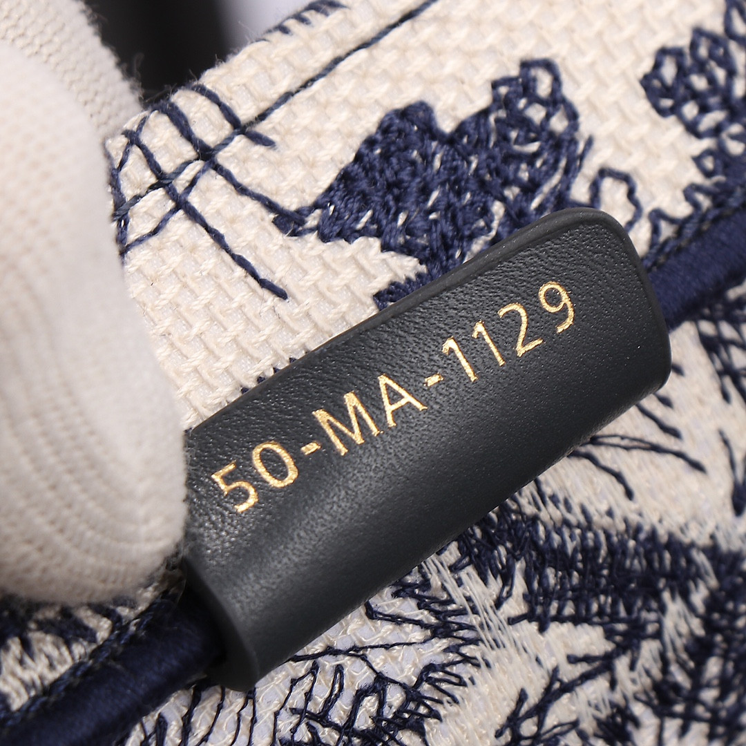 medium D*or book tote ecru and blue toile de jouy embroidery 14 x 11 x 6.5 inches