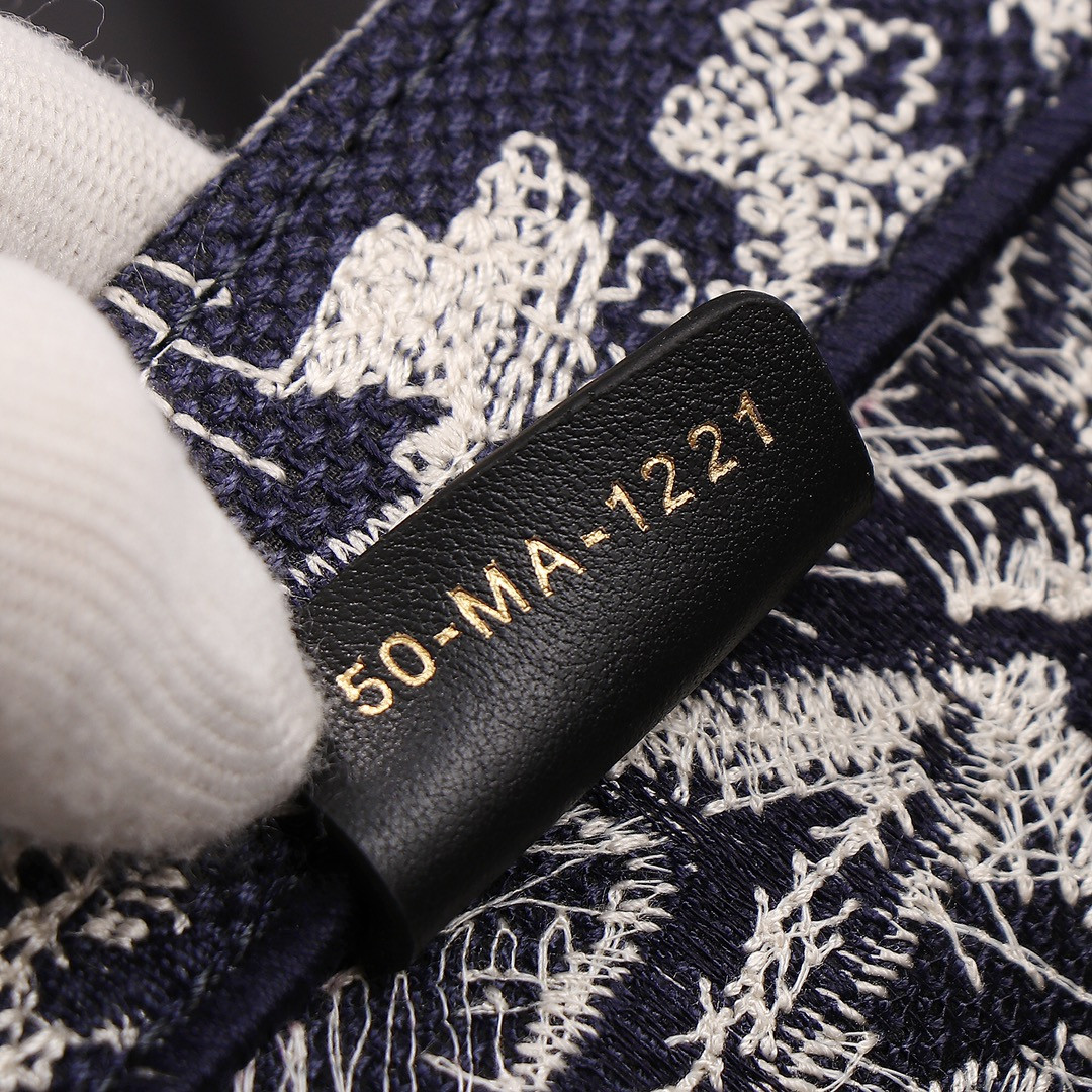 medium D*or book tote blue and ecru toile de jouy reverse embroidery 14 x 11 x 6.5 inches