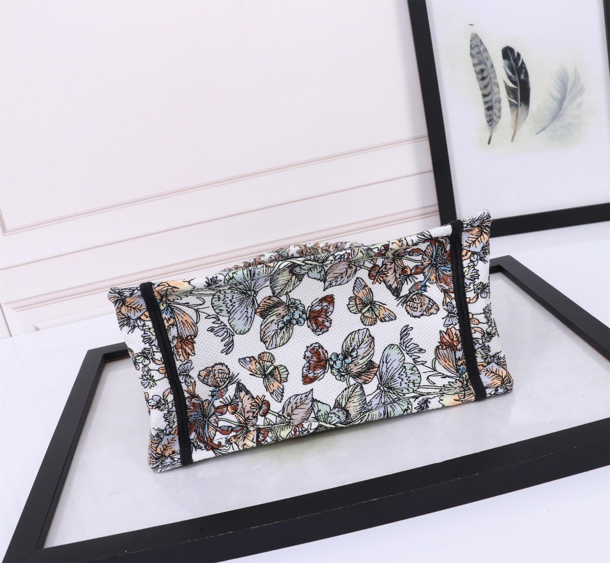 small D*or book tote white multicolor toile de jouy mexico embroidery 10.5 x 8.5 x 5.5 inches