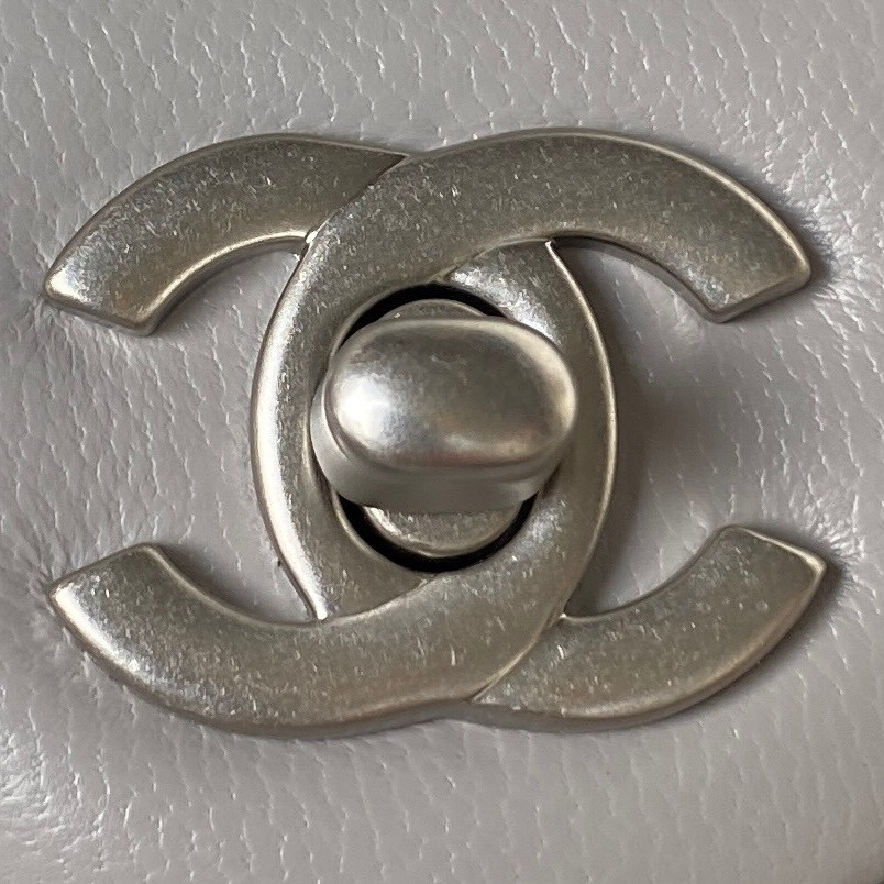 Ch*el mini flap bag shiny calfskin & silver-tone metal light gray 5.3 × 6.6 × 3.1 in