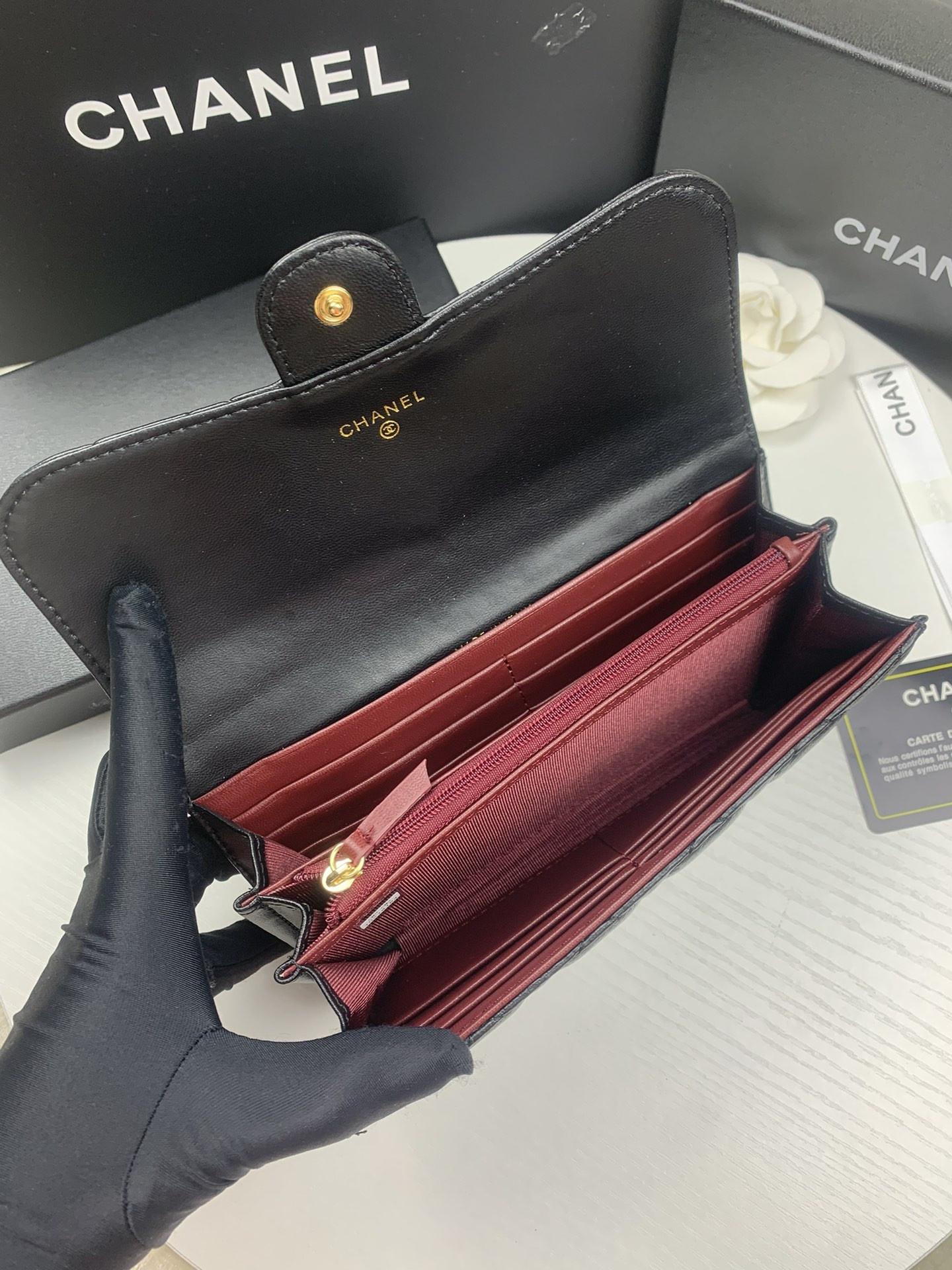Ch*el flap wallet black 19.5 x10 cm