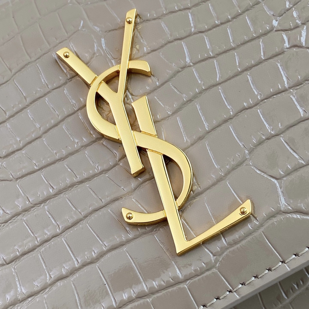 Y*L sunset medium in crocodile-embossed leather dark beige 8 x 6.2 x 2.5 inches