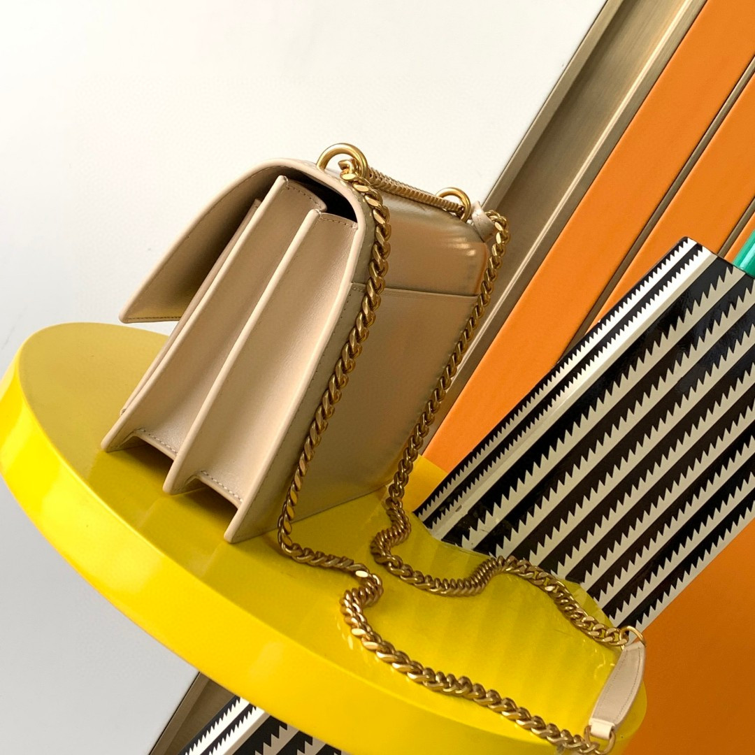 Y*L sunset medium in coated-bark leather beige 8 x 6.2 x 2.5 inches