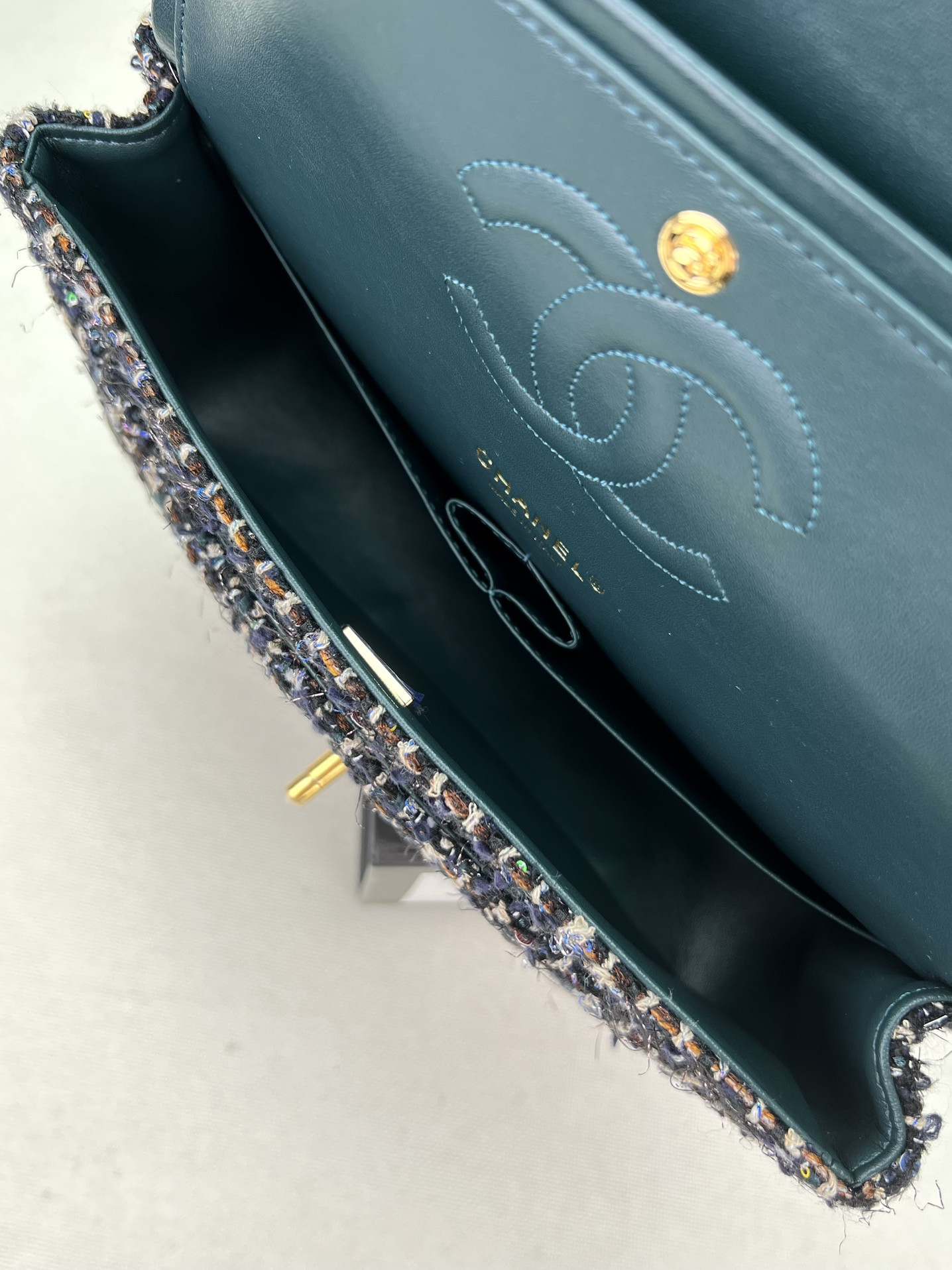 Ch*el classic 11.12 handbag tweed & gold-tone metal 6 × 9.9 × 2.5 in