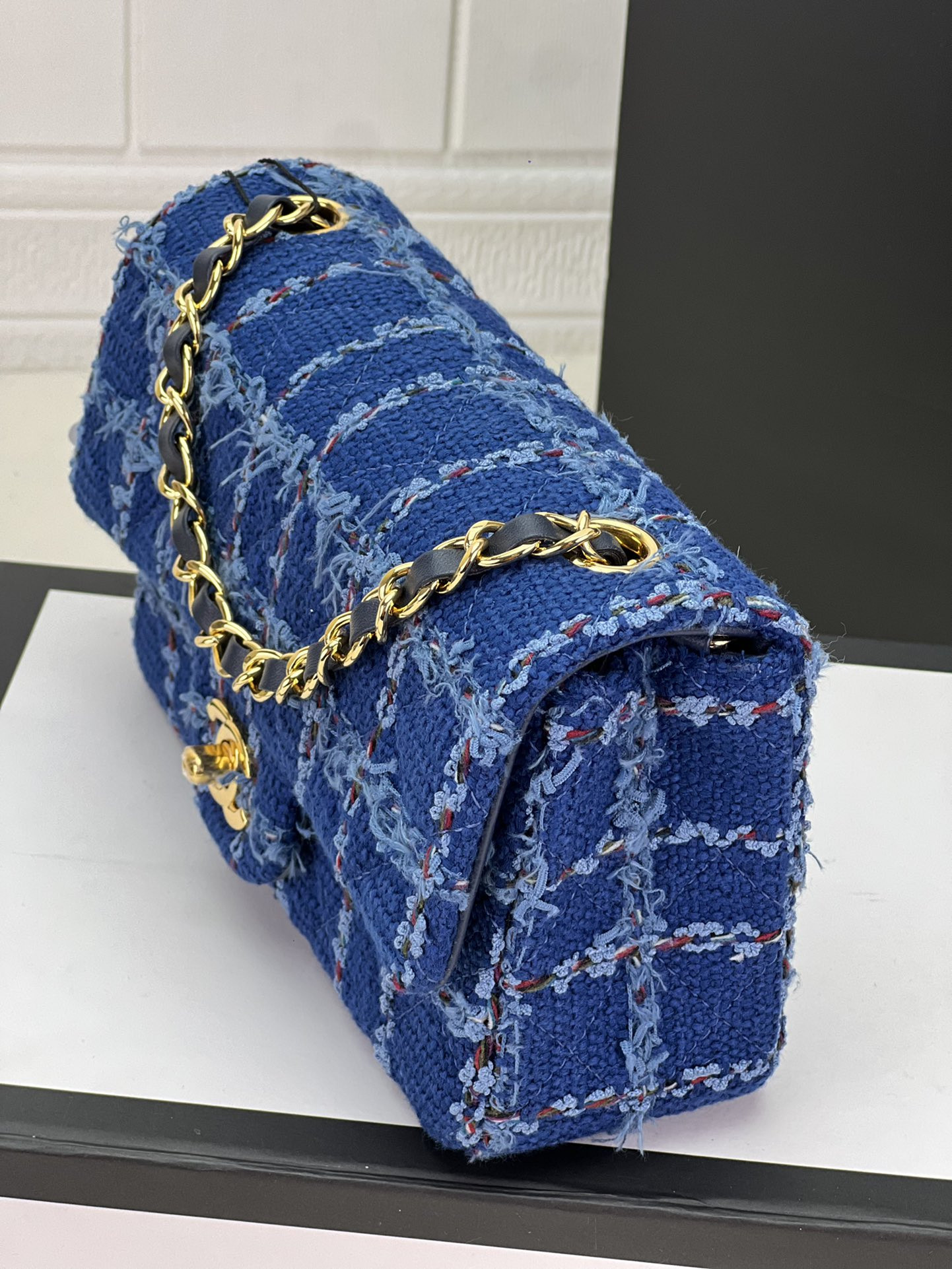 Ch*el mini classic 11.12 handbag tweed & gold-tone metal 4.7 × 7.8 × 2.3 in