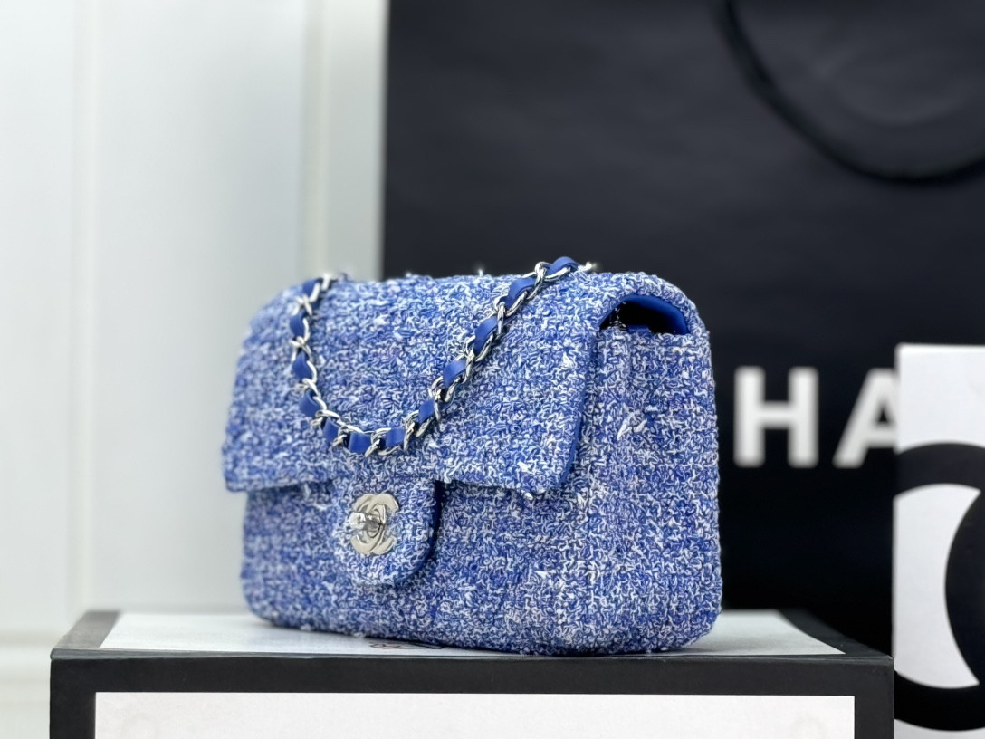 Ch*el mini classic 11.12 handbag  tweed & silver-tone metal 4.7 × 7.8 × 2.3 in